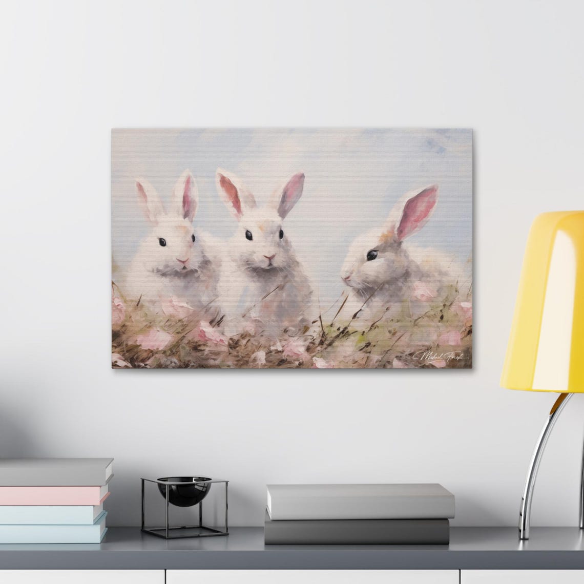 Three Fluffy White Bunnies Among Pink Meadow Flowers Art Print