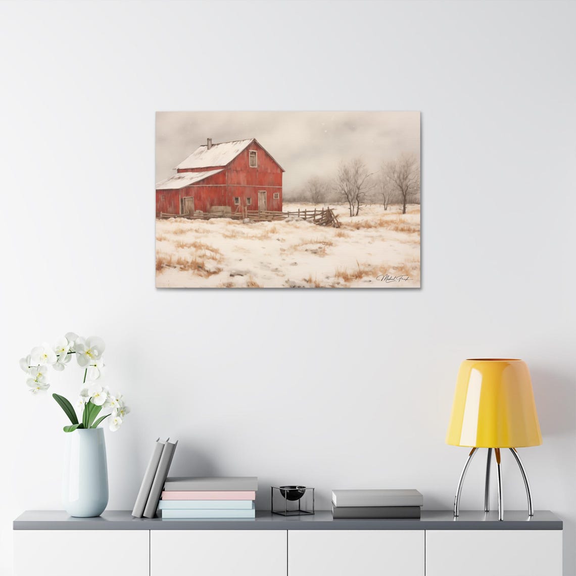 Red Barn in Falling Snow Winter Farmhouse Scene Painting Poster - Image 7