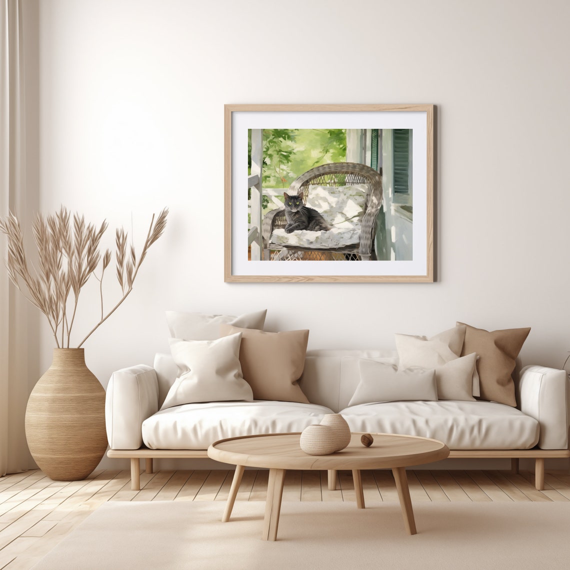 Gray Cat Resting On A Wicker Chair On A Sunny Summer Porch Poster - Image 3