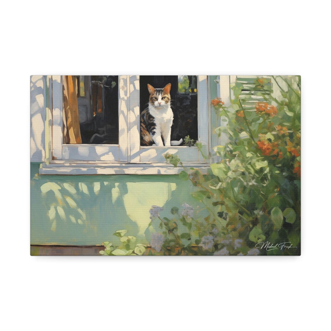 Sunlit Tabby Cat Sitting in Cottage Window Flower Art Poster - Image 2