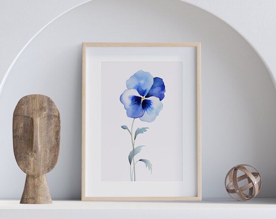 Blue Pansy Painting Wall Art Poster Gift Watercolor Colorful Painting Illustration Nature Minimalist Decor Nursery Room Design