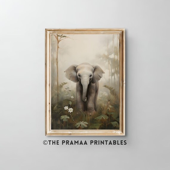 Baby Elephant In Misty Jungle Vintage Style Nursery Wall Art