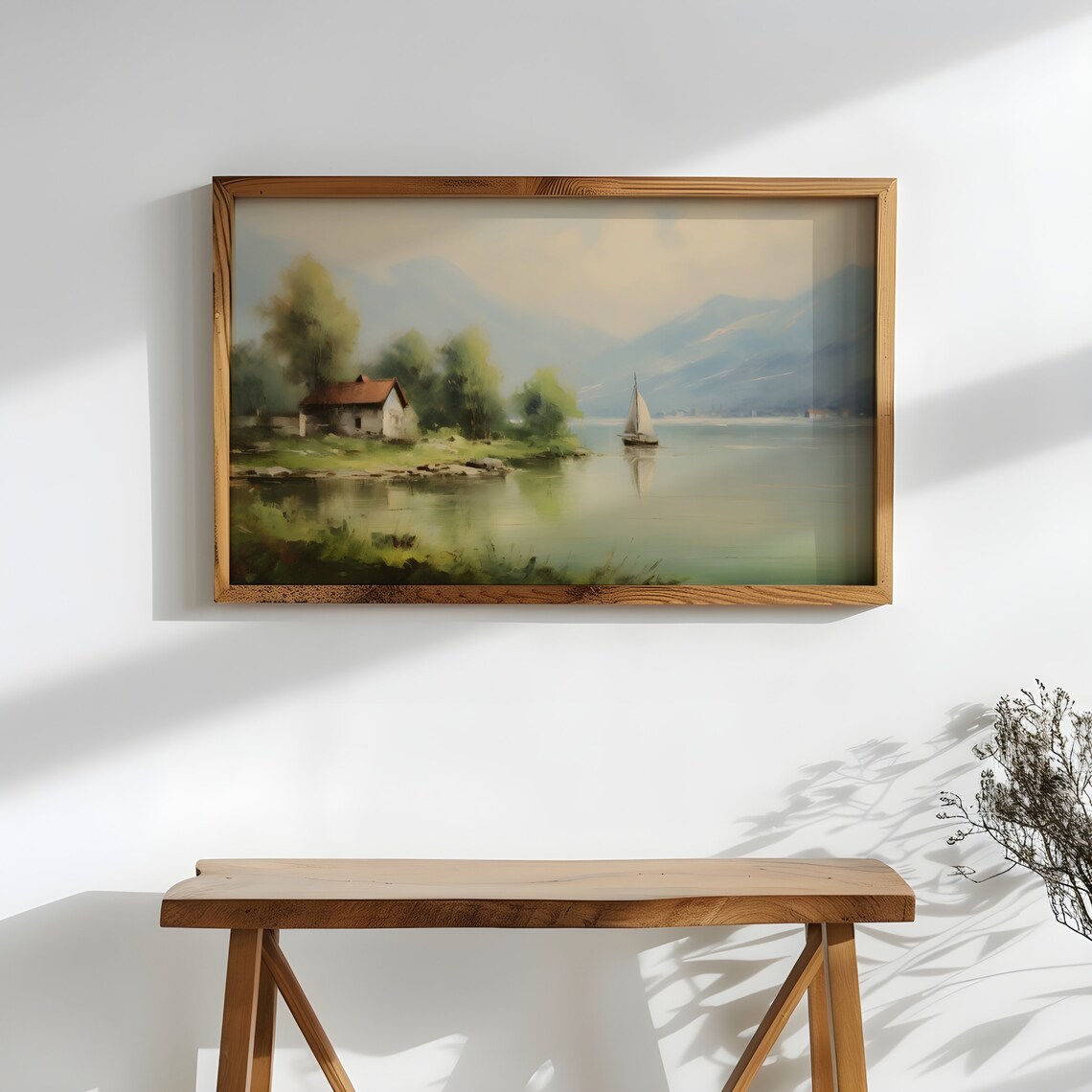 Lakeside Cottage with Sailboat and Mountains Serene Painting Poster - Image 2