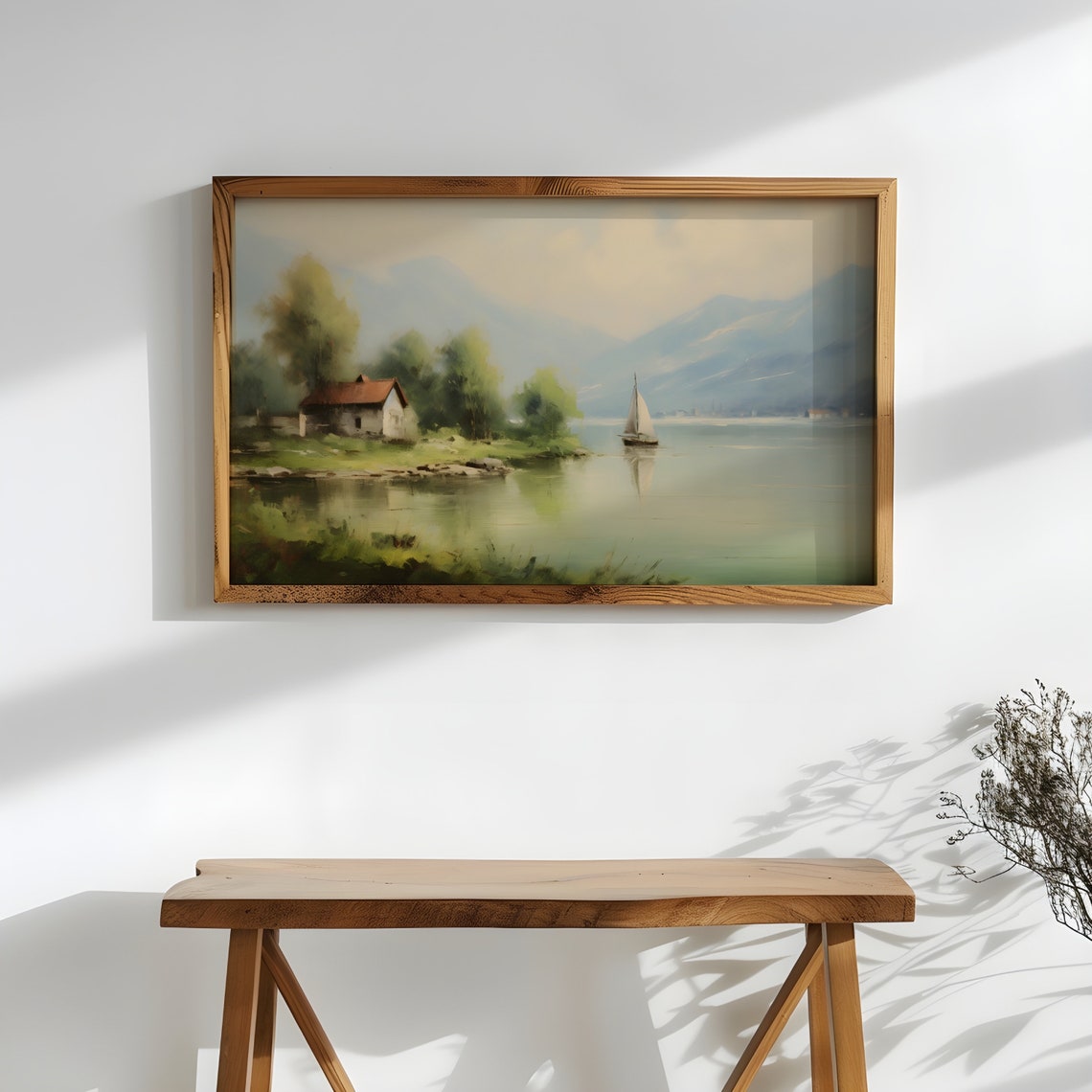 Vintage Summer Landscape Painting Antique Sailboat Wall Art Moody Lake House Print Farmhouse Decor Nature Mountains Poster - Image 2