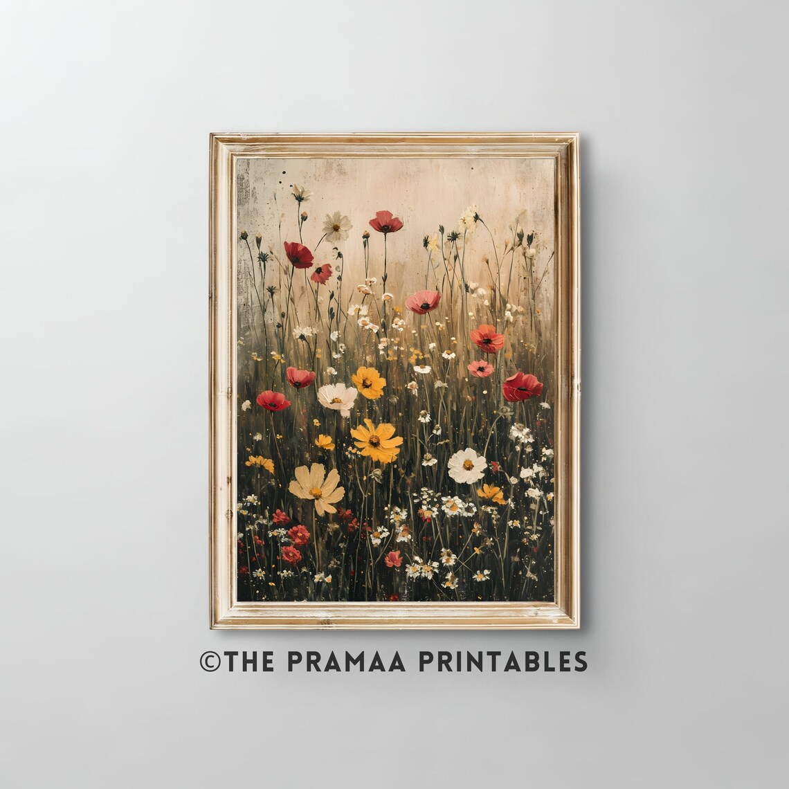 Moody Wildflower Field Oil Painting Print Antique Spring Poster Vintage Farmhouse Decor Country Field Wall Art