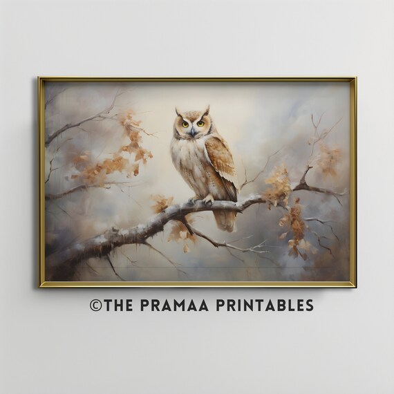 Great Horned Owl on a Branch Moody Wildlife Portrait Painting Poster