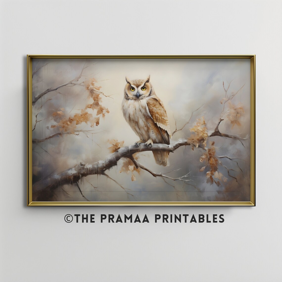 Great Horned Owl on a Branch Moody Wildlife Portrait Painting Poster
