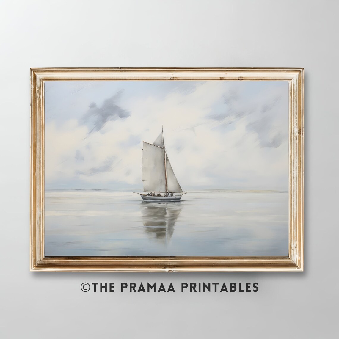 Lone Sailboat on a Calm Misty Sea Minimalist Nautical Painting Poster