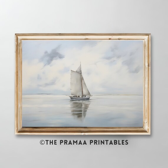 Lone Sailboat on a Calm Misty Sea Minimalist Nautical Painting Poster