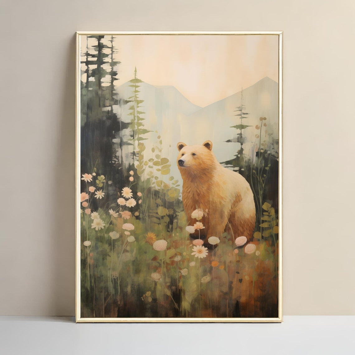 Bear Among Daisies with Mountain Pines Vintage Wildlife Poster - Image 3