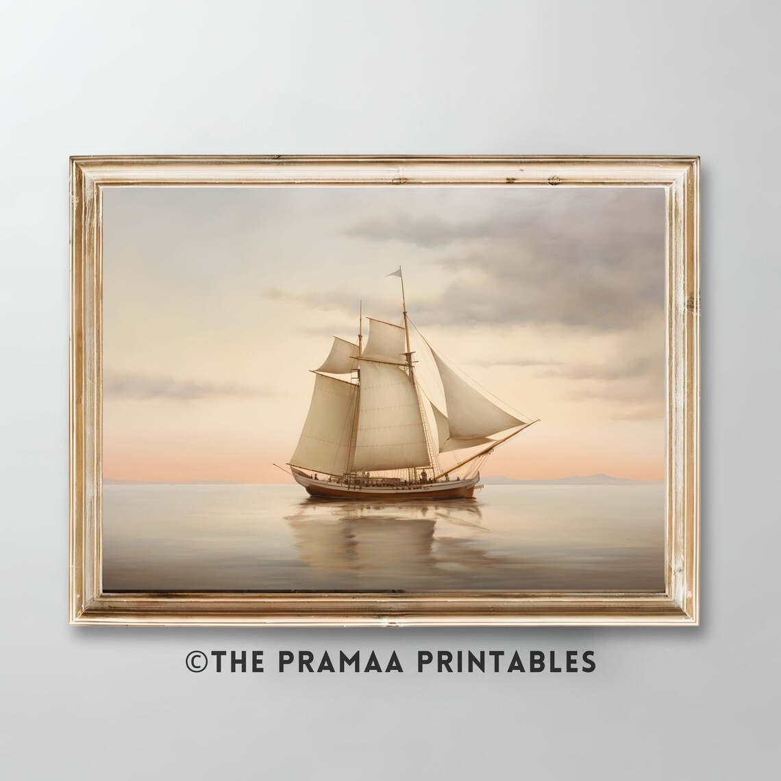 Tall Sailboat at Sunset Calm Sea Vintage Nautical Seascape Poster
