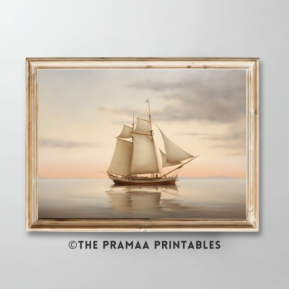 Tall Sailboat at Sunset Calm Sea Vintage Nautical Seascape Poster
