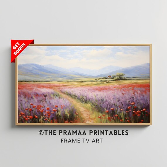 Lavender and Poppy Field Path to the Mountains Country Painting Poster