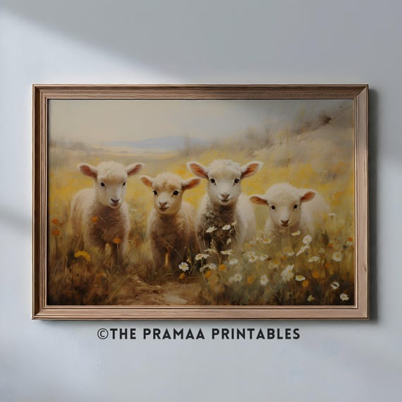 Easter Lambs Painting Landscape Cute Lambs In Meadow Vintage Spring Wall Decor Farm Animal Wall Art Nursery Art Print Ew18