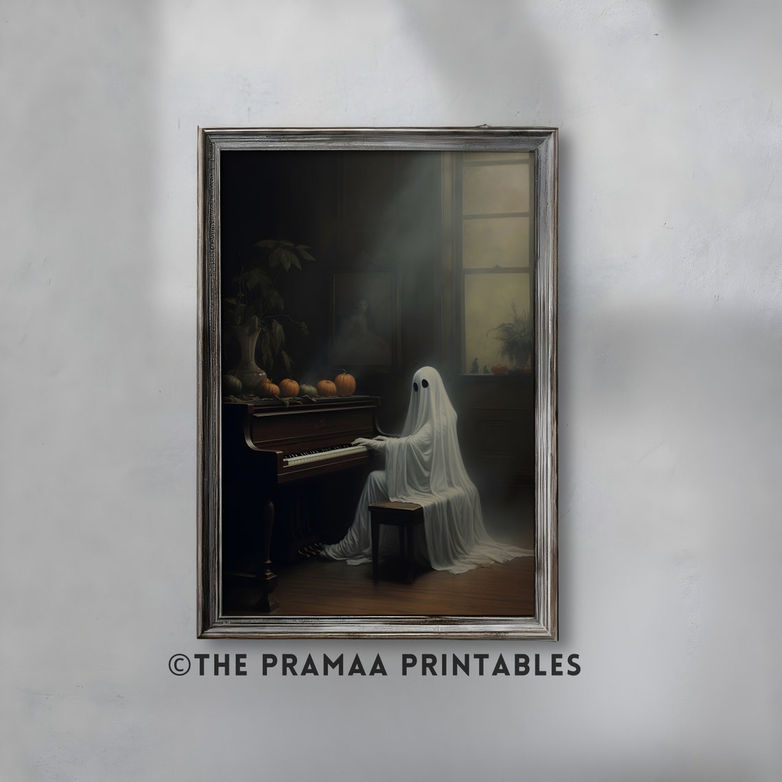 Ghost Playing Piano Dark Parlor Pumpkins Halloween Music Poster