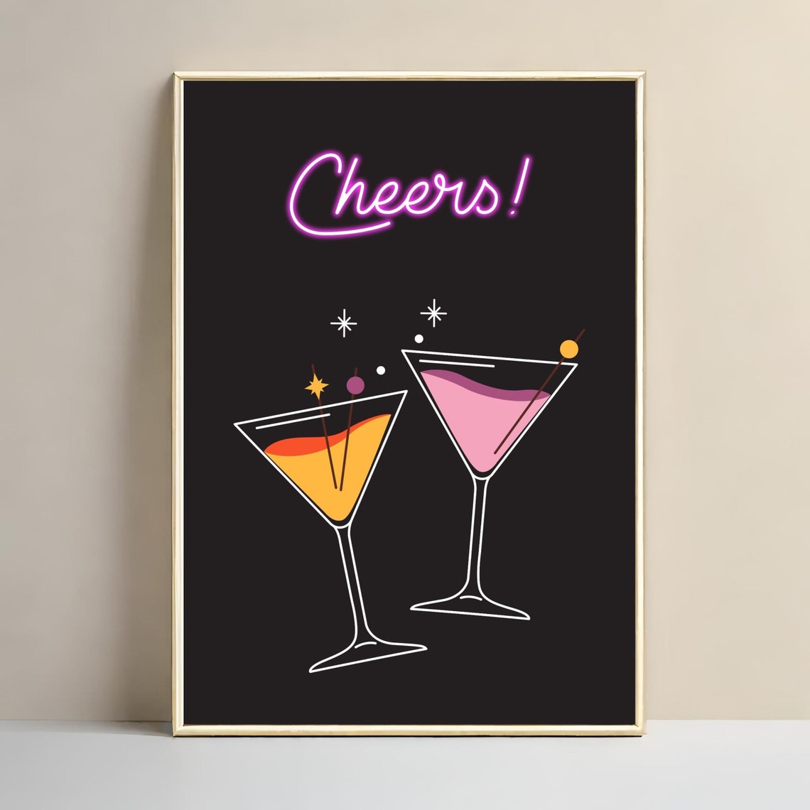 Cheers Neon Sign Cocktail Bar Minimalist Black Kitchen Poster - Image 3