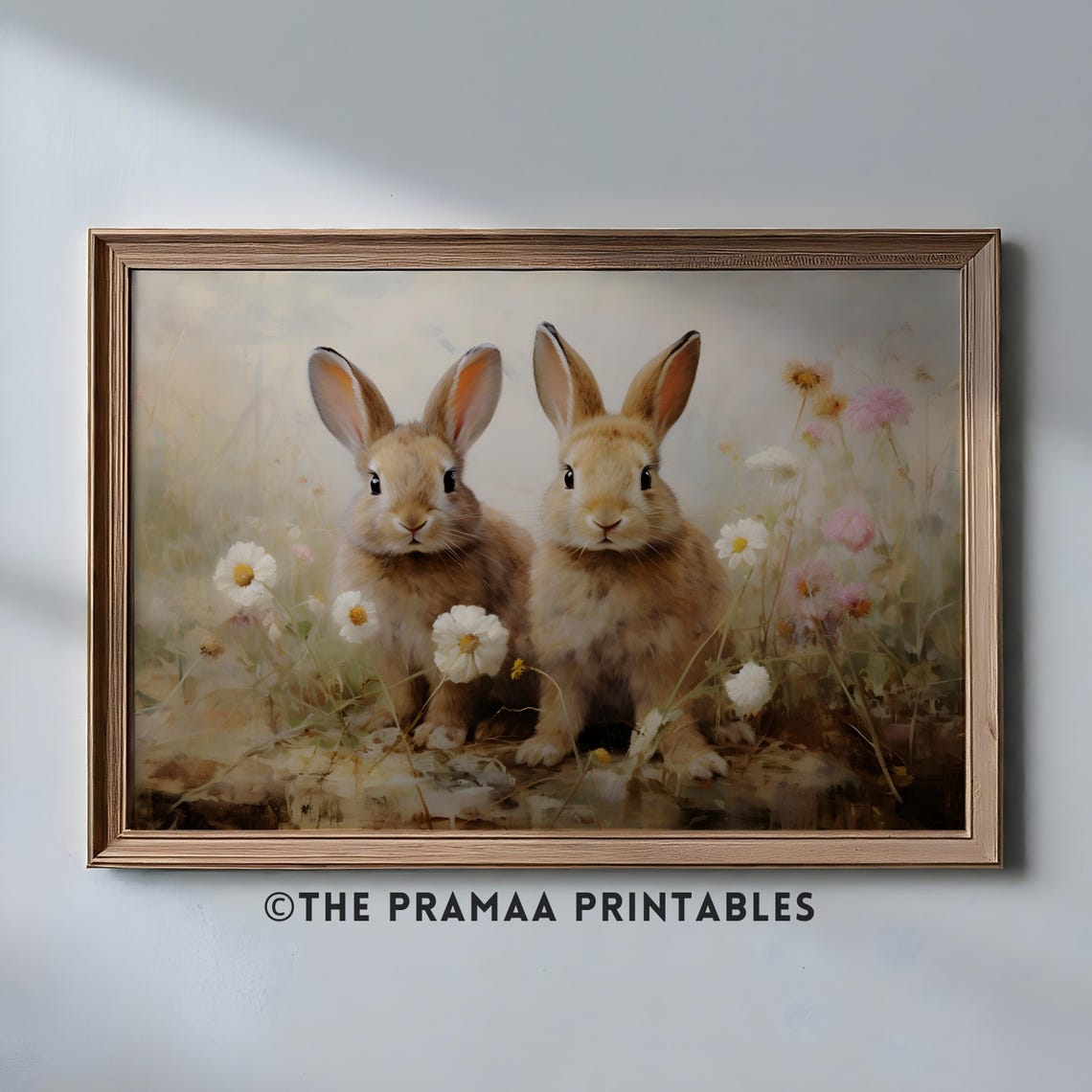 Pair of Rabbits Among Daisies Vintage Bunny Animal Portrait Poster