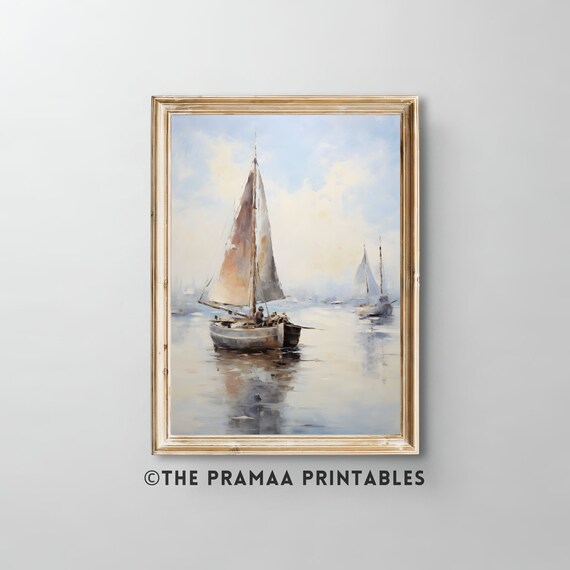 Sailboat Harbor Watercolor Soft Blue Coastal Nautical Art Print