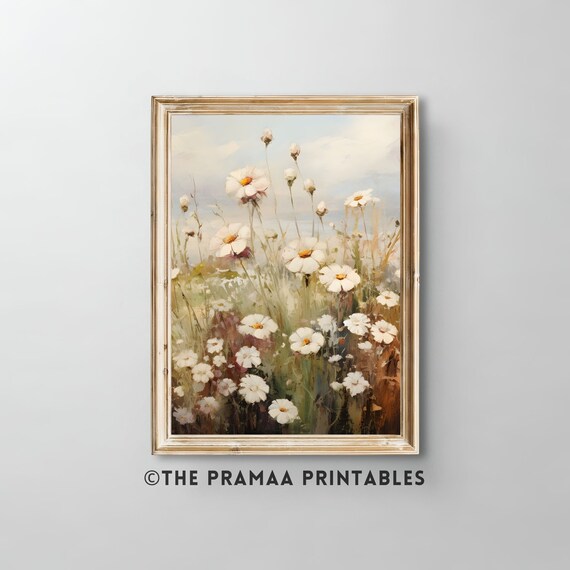 White Daisies in Wildflower Meadow Vintage Botanical Painting Poster