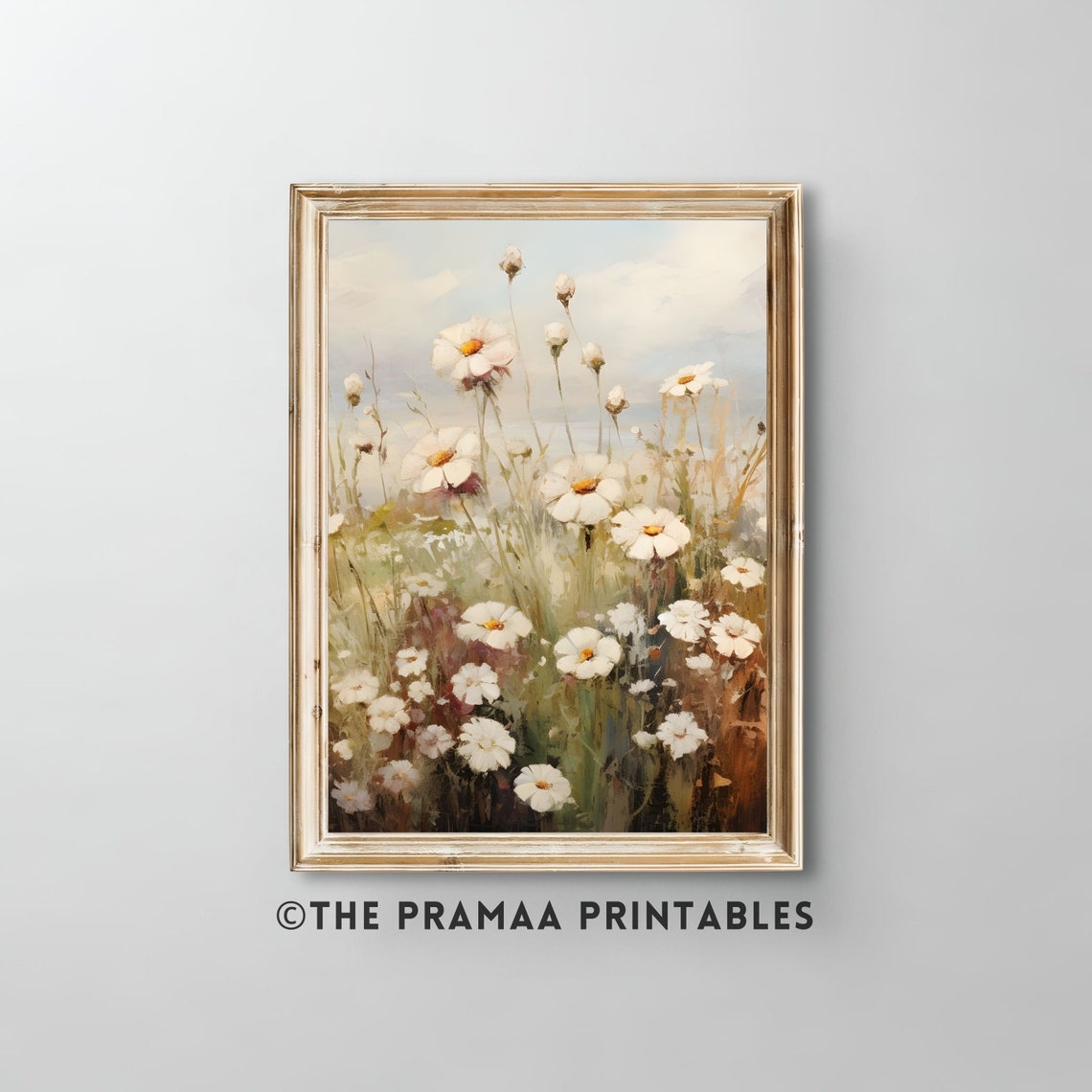 White Daisies in Wildflower Meadow Vintage Botanical Painting Poster