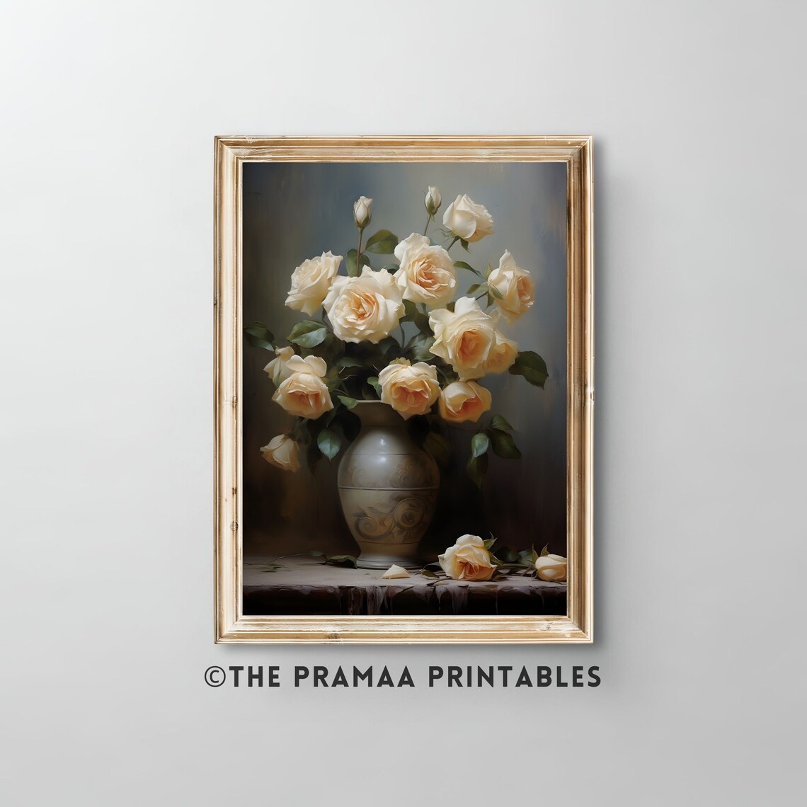 Cream Roses in a Ceramic Vase Classic Still Life Painting Poster