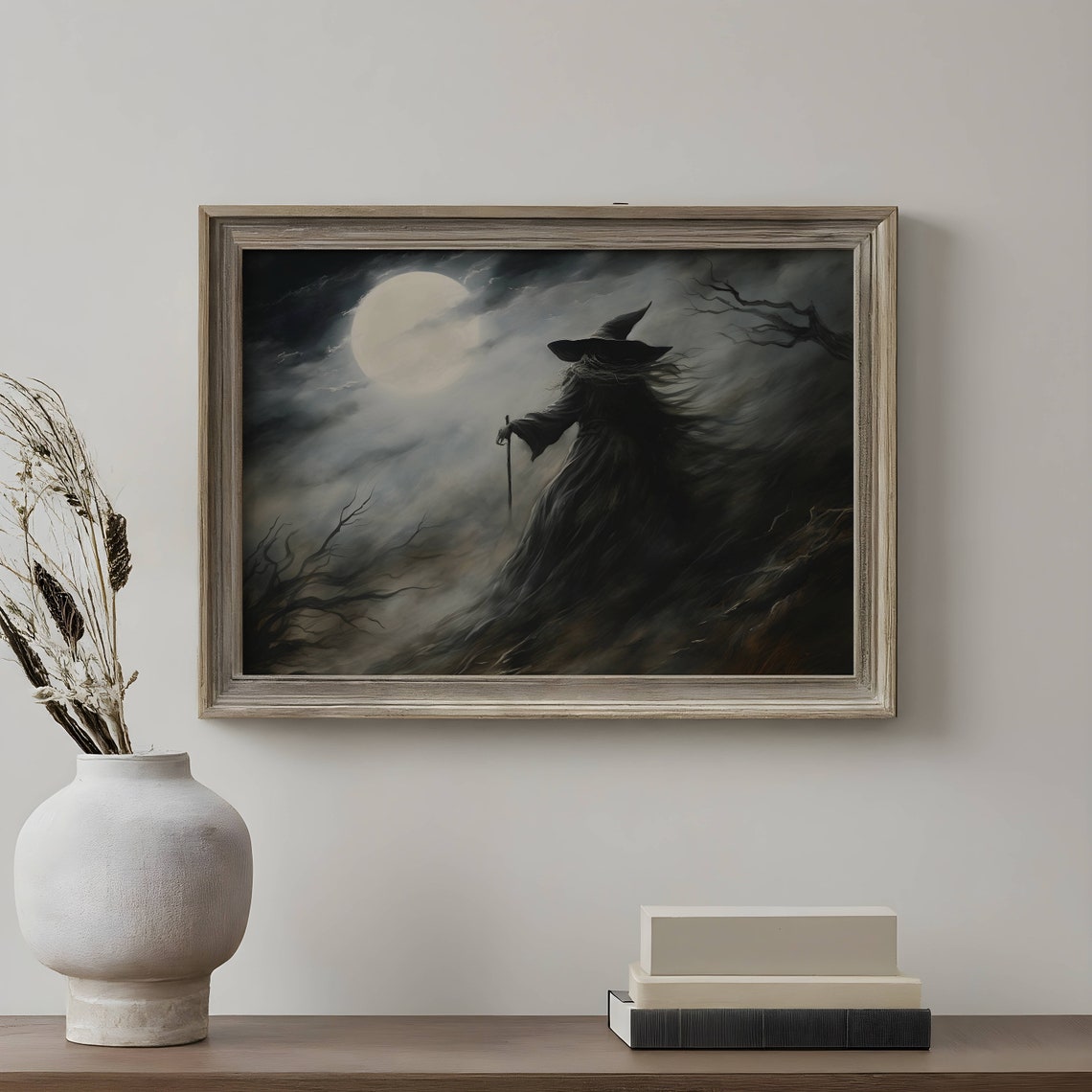 Witch Silhouette Beneath Full Moon Night Mist Dark Academia Poster - Image 2