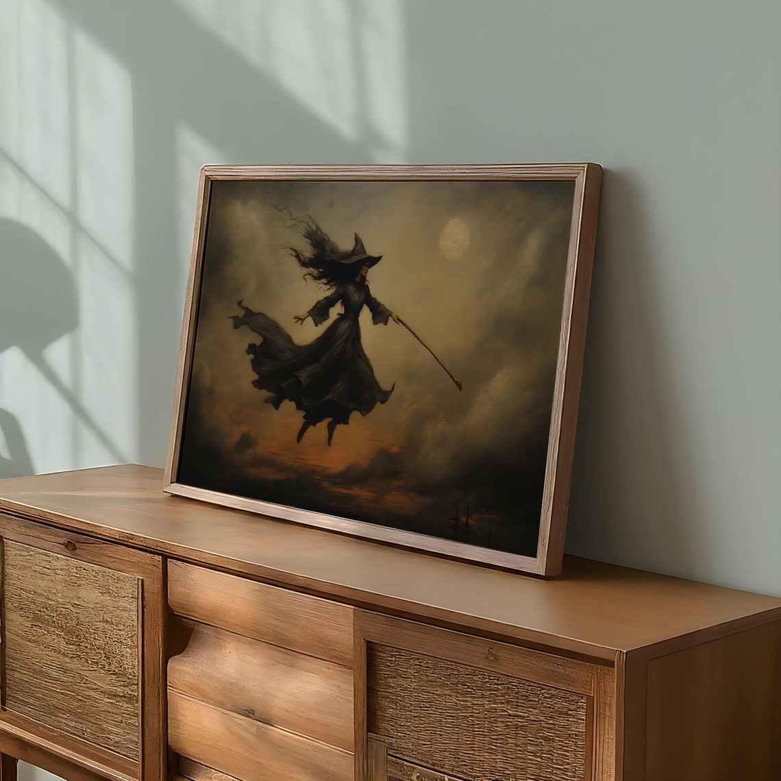 Witch Flying Broomstick Across Moonlit Cloudy Night Sky Poster - Image 2