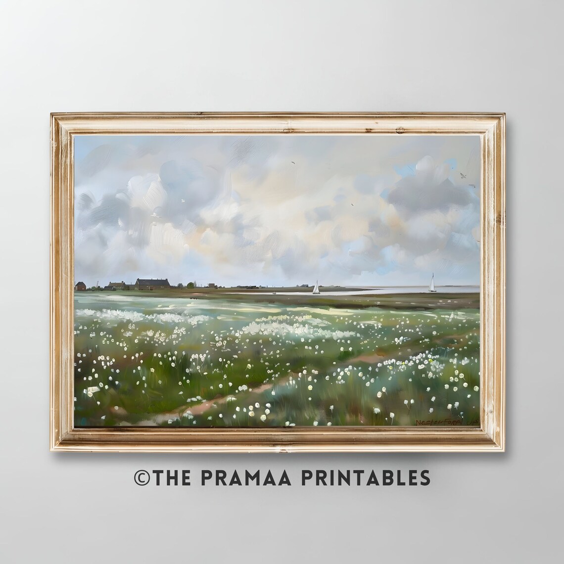 White Wildflowers by the Marsh with Barns and Sailboats Painting Poster