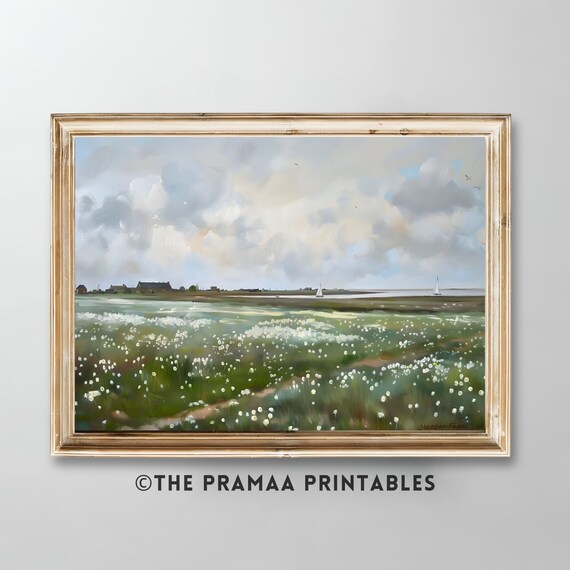 White Wildflowers by the Marsh with Barns and Sailboats Painting Poster
