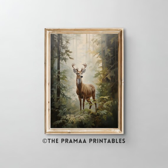 Stag Deer Misty Pine Forest Wildlife Rustic Nature Buck Poster