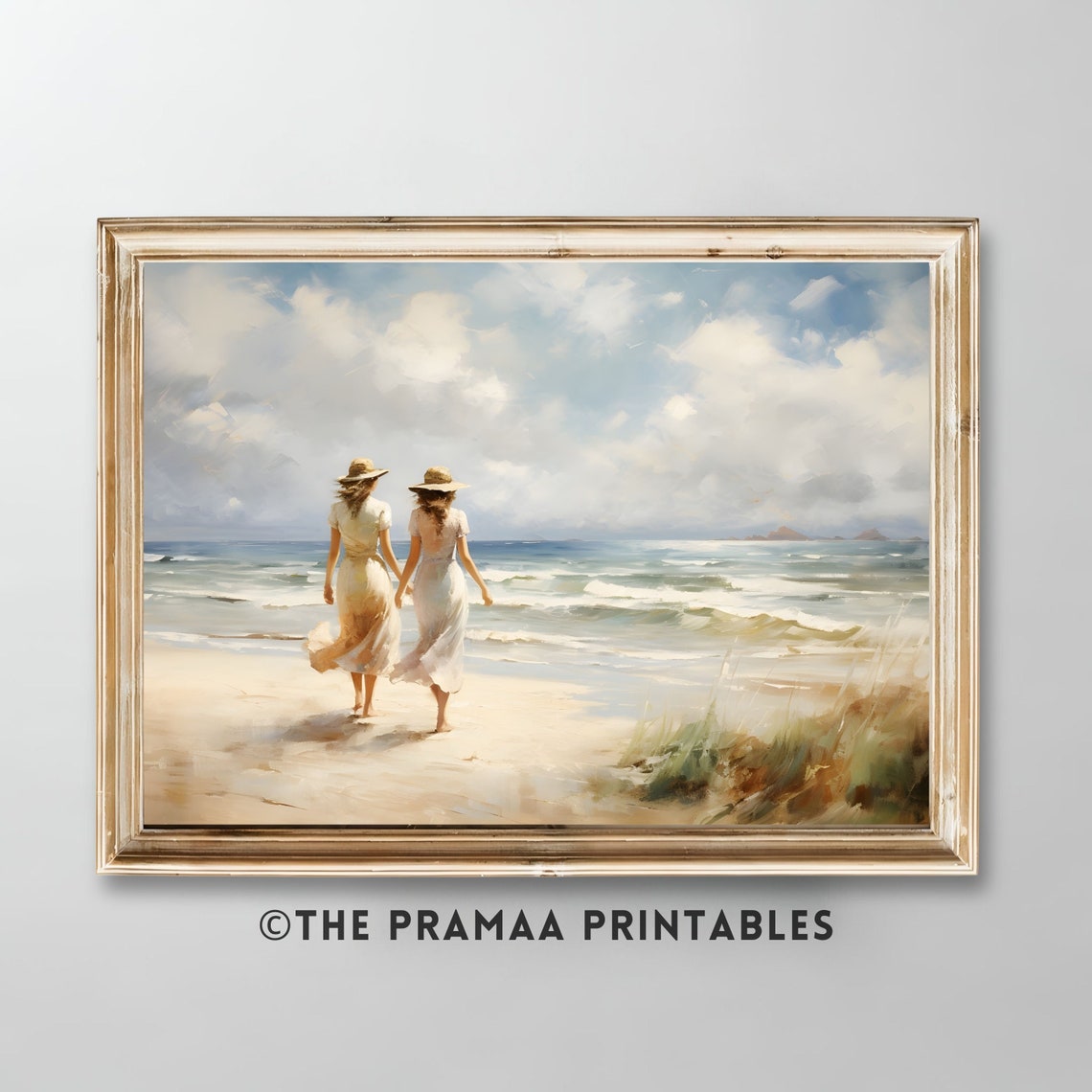 Women Walking On Beach Vintage Landscape Oil Painting Seaside Antique Summer Wall Art Seascape Print Coastal Sea Poster