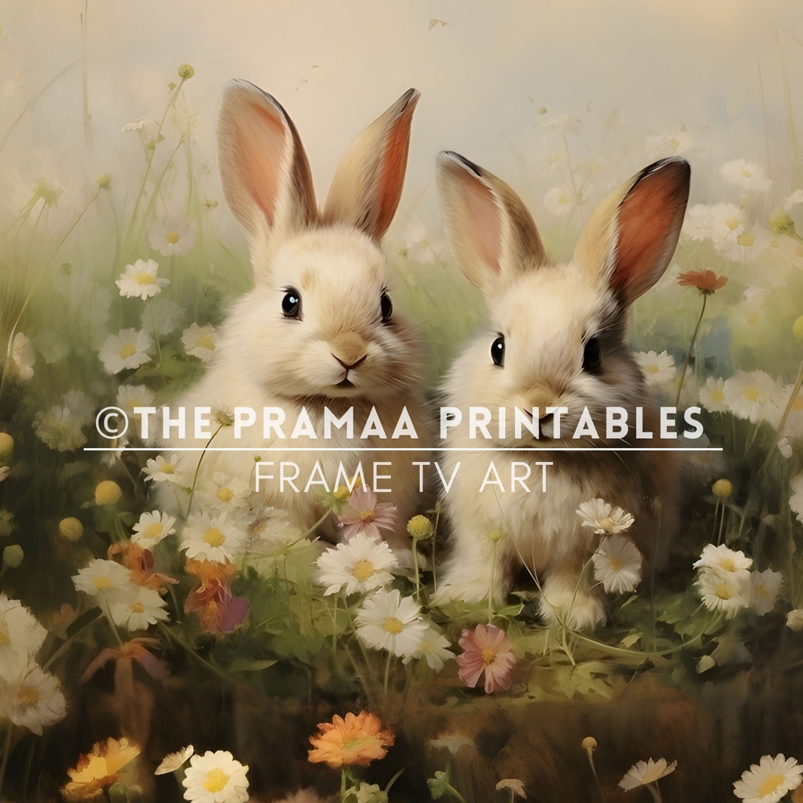 Two White Bunnies in Daisy Field Vintage Spring Rabbit Poster - Image 2