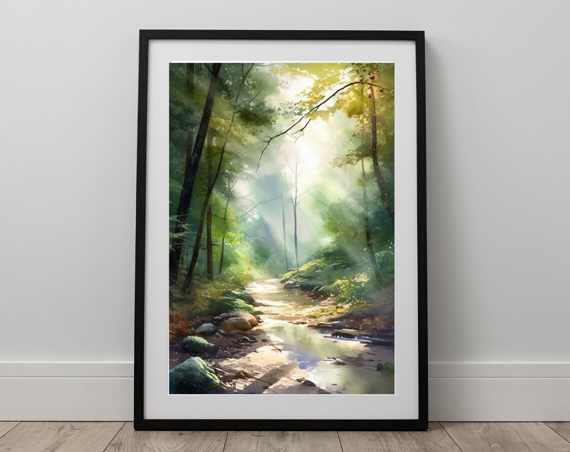 Forest Stream Watercolor Landscape Wall Art Print