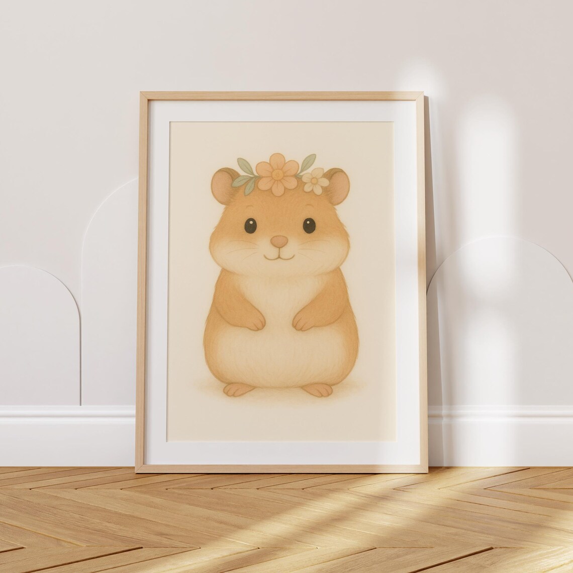 Adorable Hamster With Floral Crown Sweet Nursery Kids Room Wall Poster