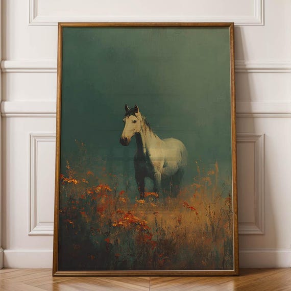 White Horse Poster Stallion In Field Wall Art Moody Meadow With Wild Blooms Illustration