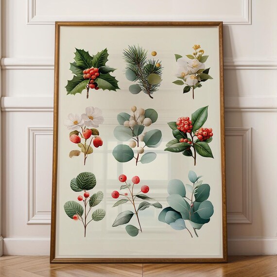Winter Botanical Poster Minimal Christmas Wall Art With Berries And Greenery