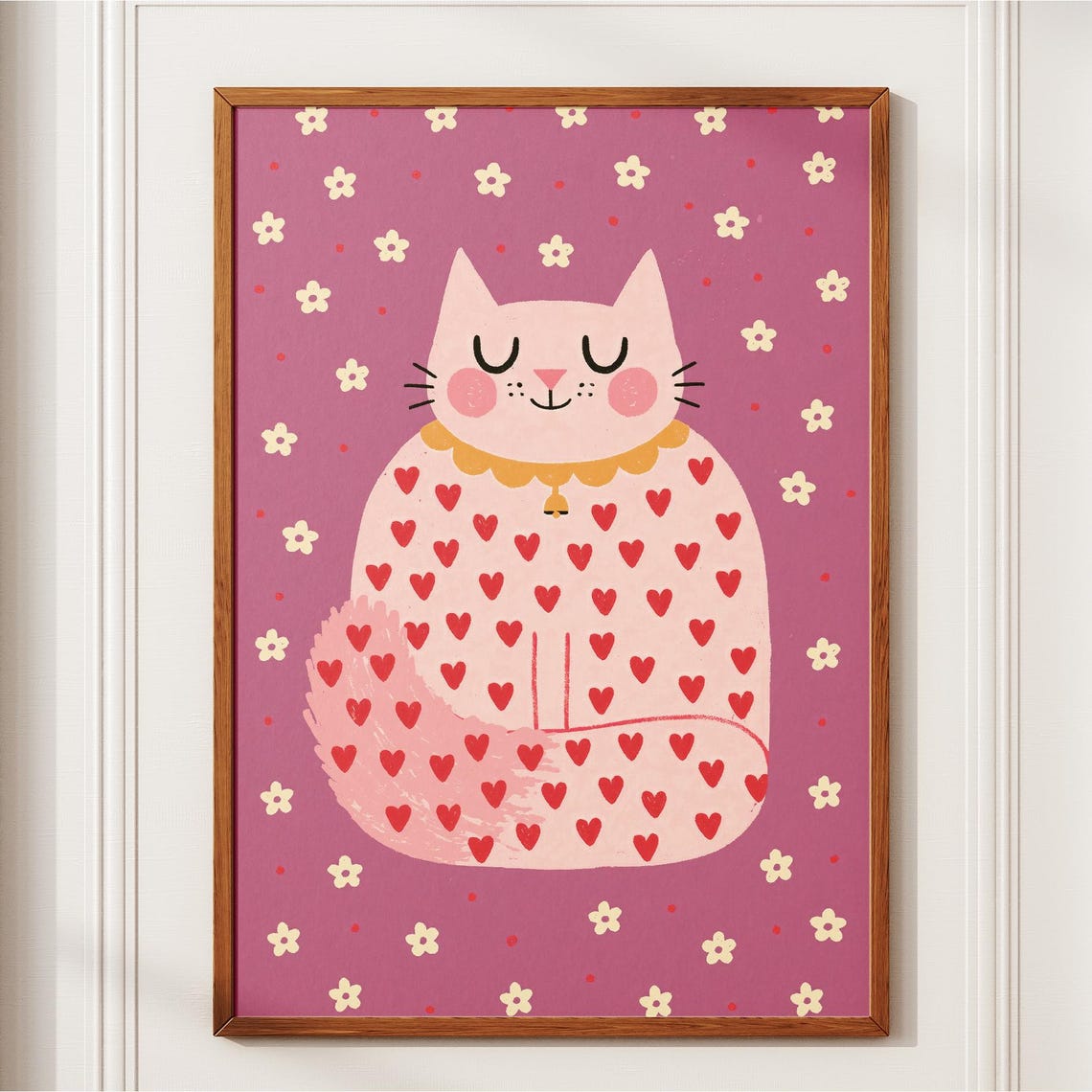 Pink Cat With Red Hearts Cute Floral Nursery Style Art Poster