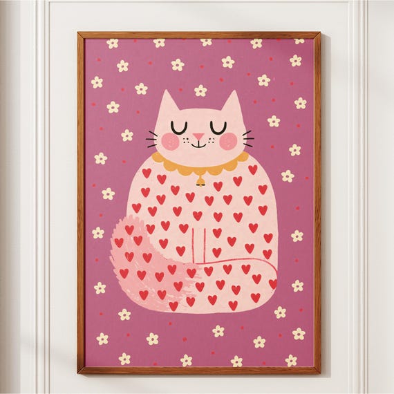 Happy Cat Print Pink With Hearts Poster Cute Girls Nursery Wall Art Whimsical Kids Room Decor Folk Kitten Illustration