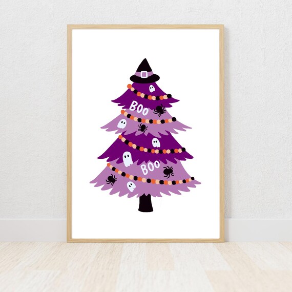 Purple Halloween Tree with Witch Hat Boo Ghosts and Spiders Poster