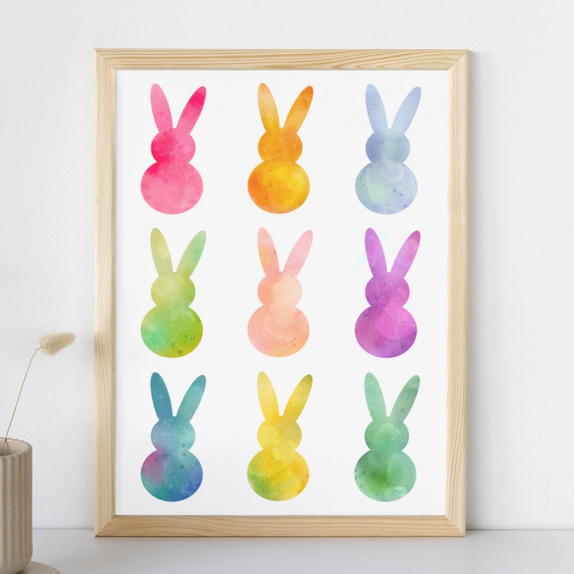 Nine Watercolor Bunny Silhouettes Rainbow Easter Grid Art Print - Image 2