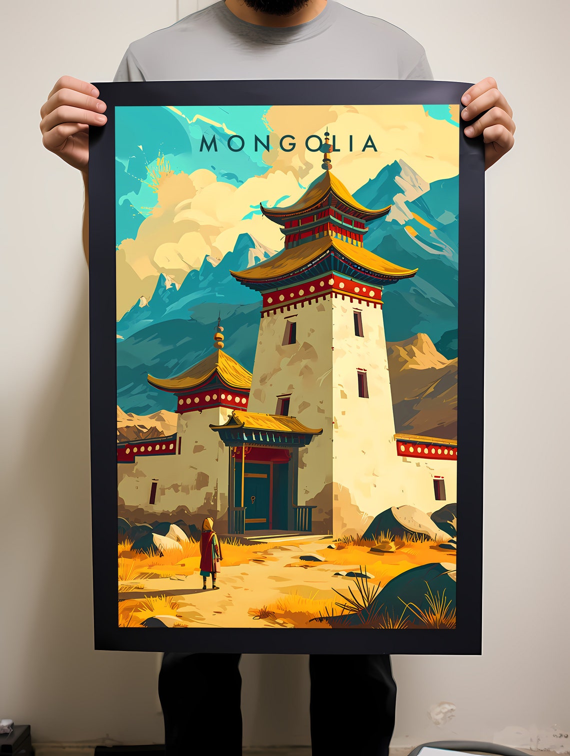 Mongolia Buddhist Monastery Mountain Valley Travel Illustration Poster - Image 2