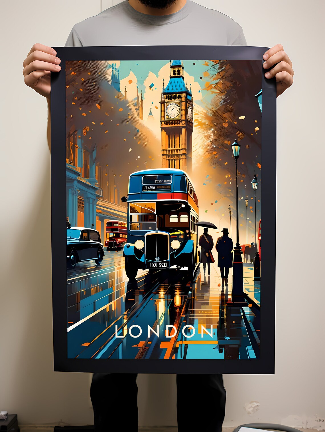 London England Illustrated Big Ben Double-Decker Bus Street Poster - Image 2