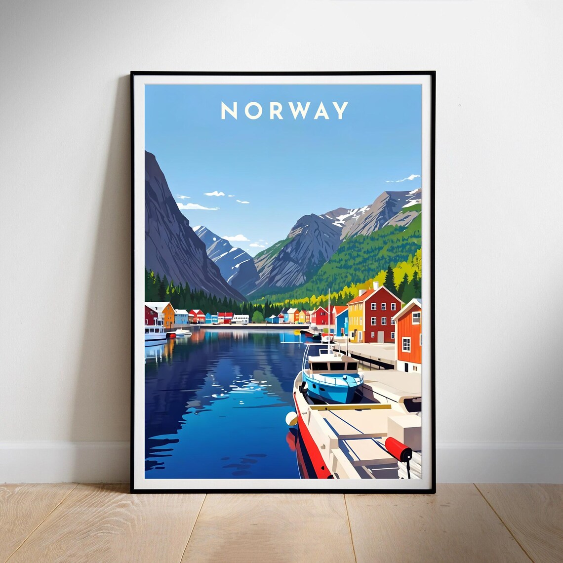 Norway Fjord Fishing Village Colorful Harbor Boats Travel Poster