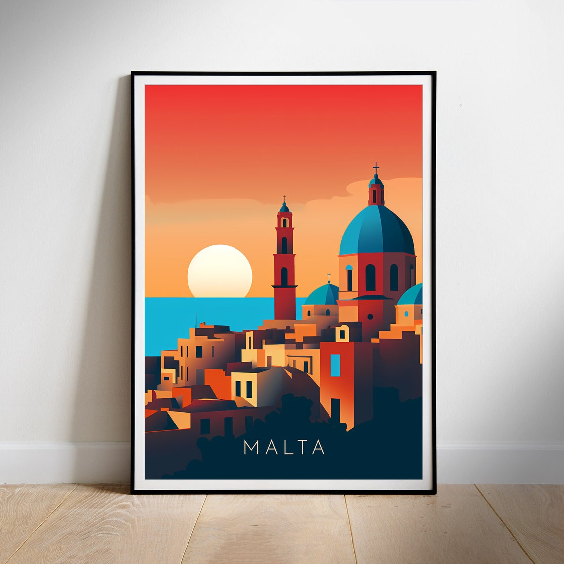 Malta Sunset Old Town Church Domes Mediterranean Travel Poster