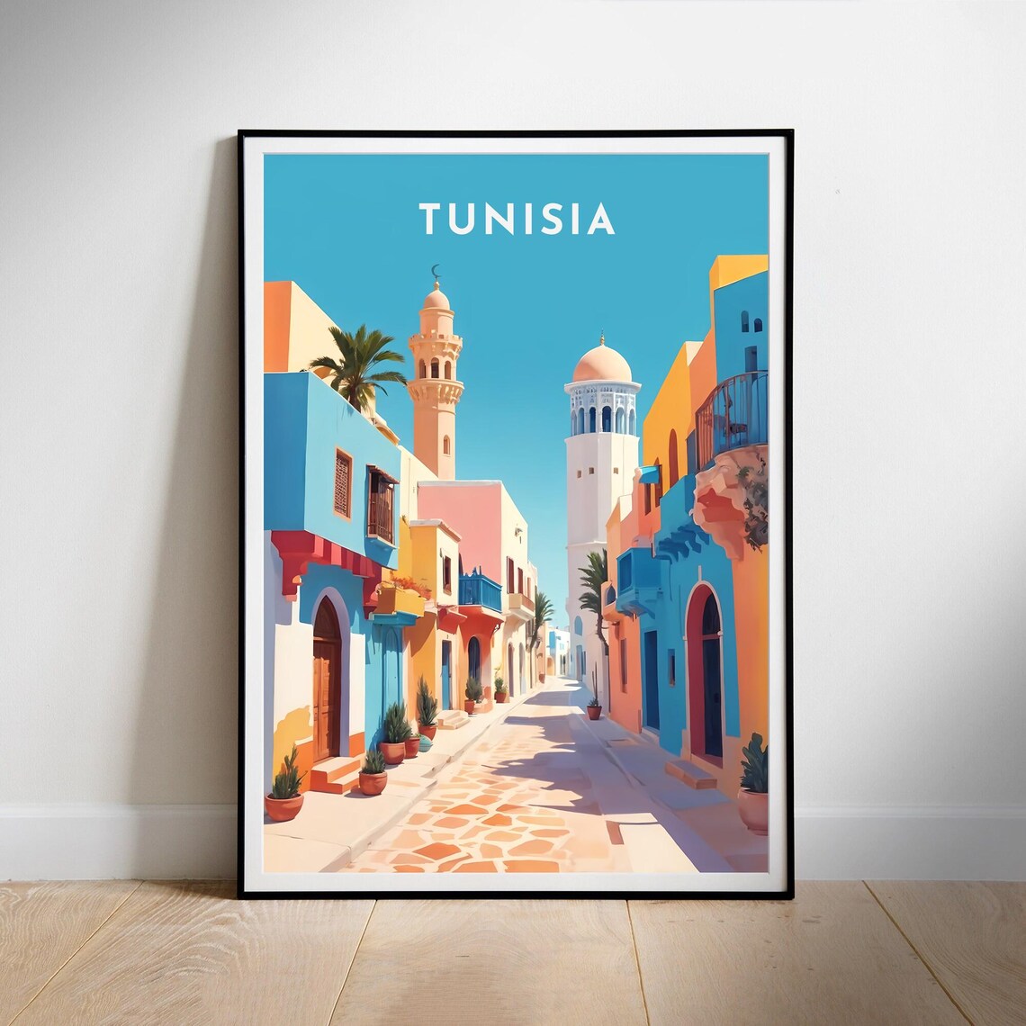 Tunisia Medina Colorful Street Minarets North Africa Travel Poster
