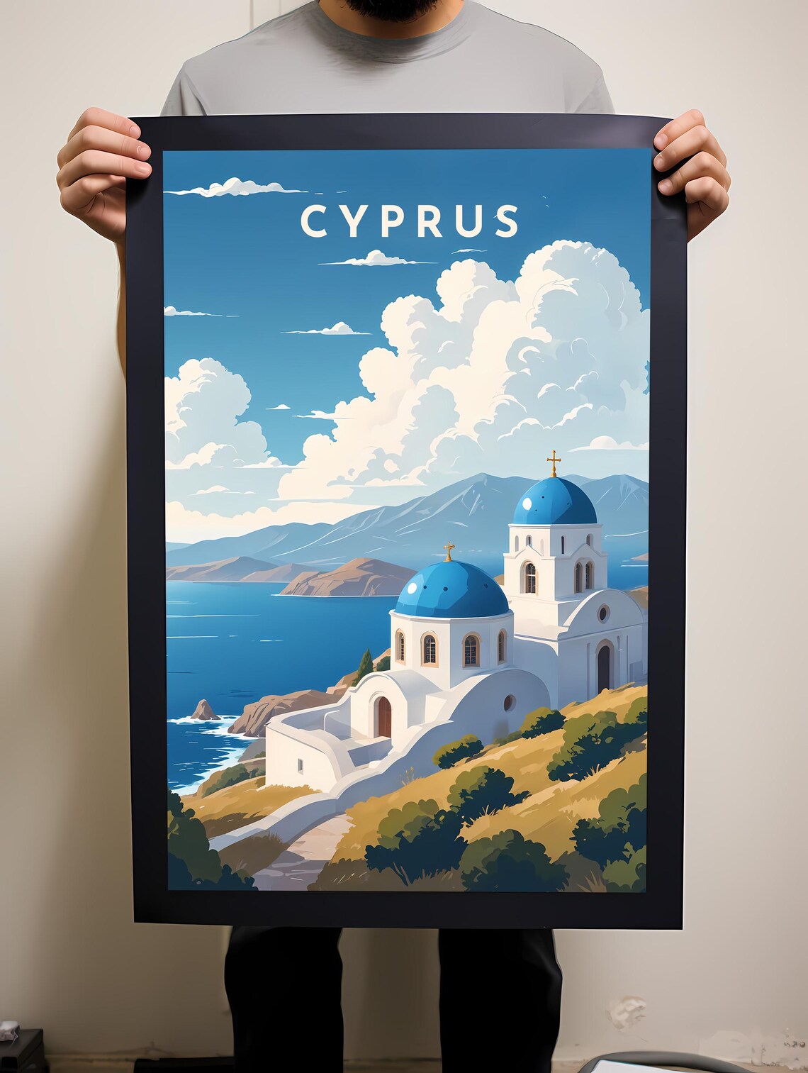 Cyprus Blue Domed Church Coastal Vintage Mediterranean Travel Poster - Image 2