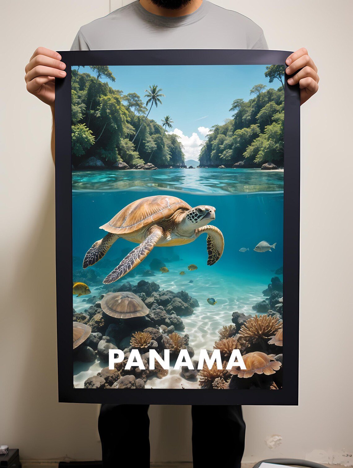 Panama Sea Turtle Over Coral Reef Tropical Bay Color Art Print - Image 2