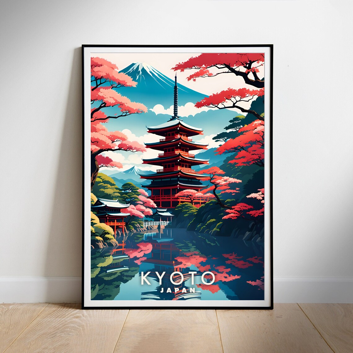 Kyoto Japan Red Pagoda Cherry Blossom Colorful Travel Poster