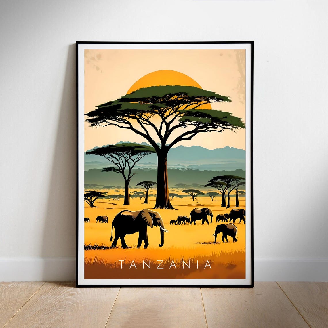 Tanzania Safari Elephants Acacia Trees Sunset Savanna Poster - Image 2