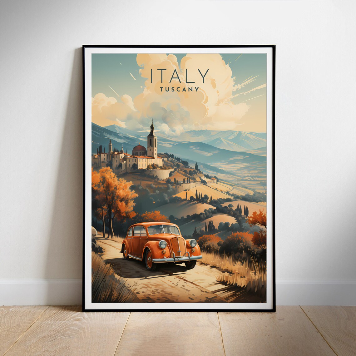 Tuscany Vintage Car Countryside Hill Town Italy Travel Poster - Image 2